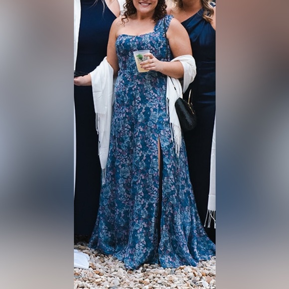 Dresses & Skirts - Slate blue floral one shoulder maxi dress bridesmaids dress